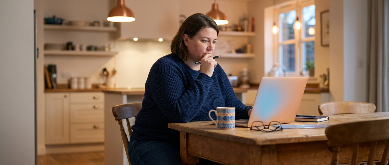 Confident parent studying at the kitchen table