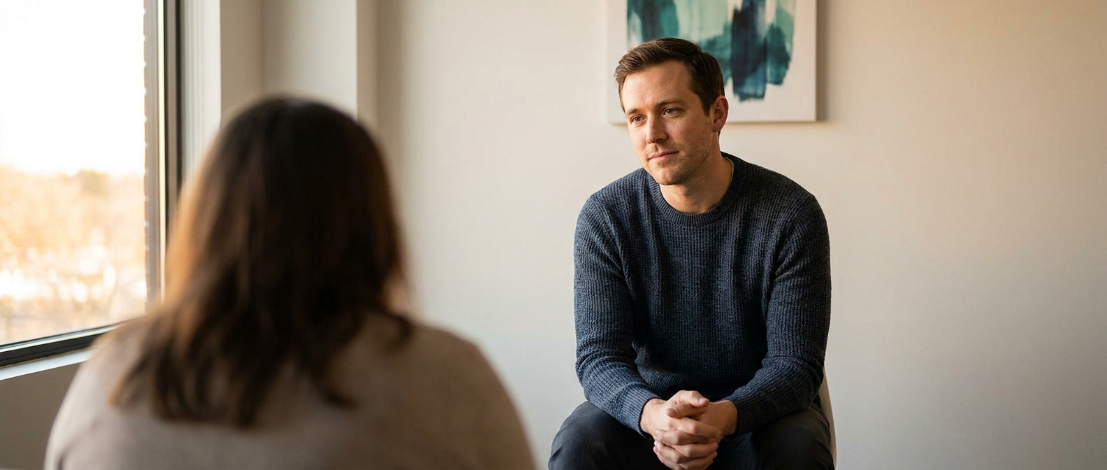 Counseling professional listening during a therapy session in a modern office