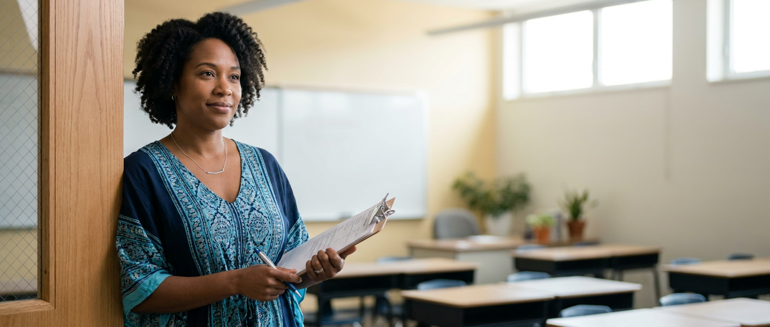 Teacher standing in a bright classroom holding lesson materials.
