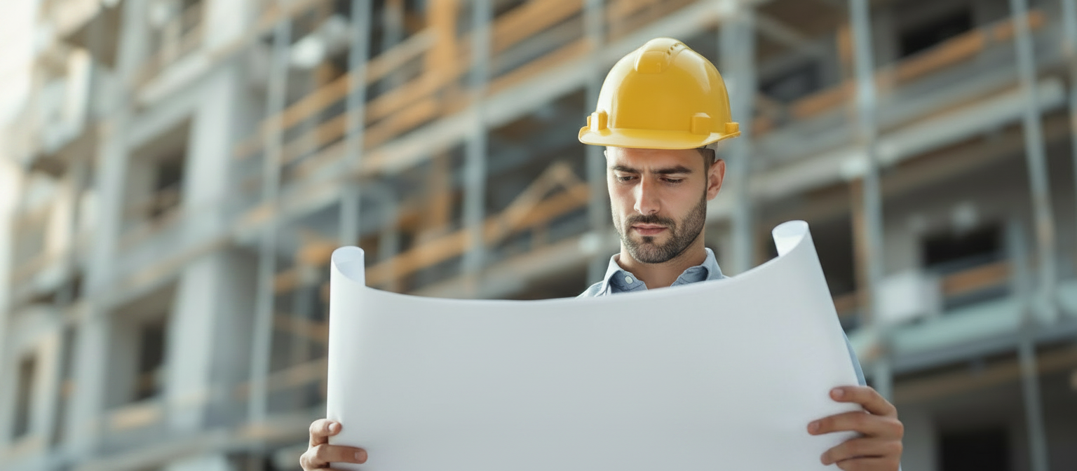 An engineer wearing a yellow hard hat reviews large blueprints in front of a building under construction.