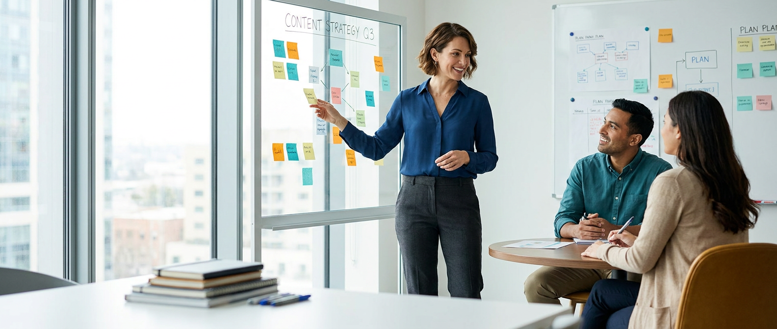 Professional leading a content strategy meeting in a bright office with editorial notes on glass wall.