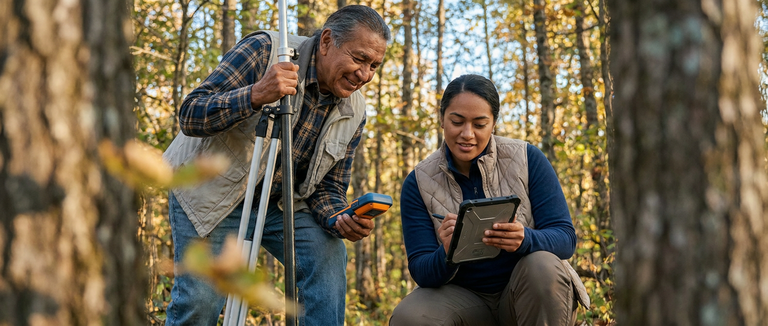 A forestry professional and trainee review data on a rugged tablet while conducting field measurements in a forest using surveying equipment.
