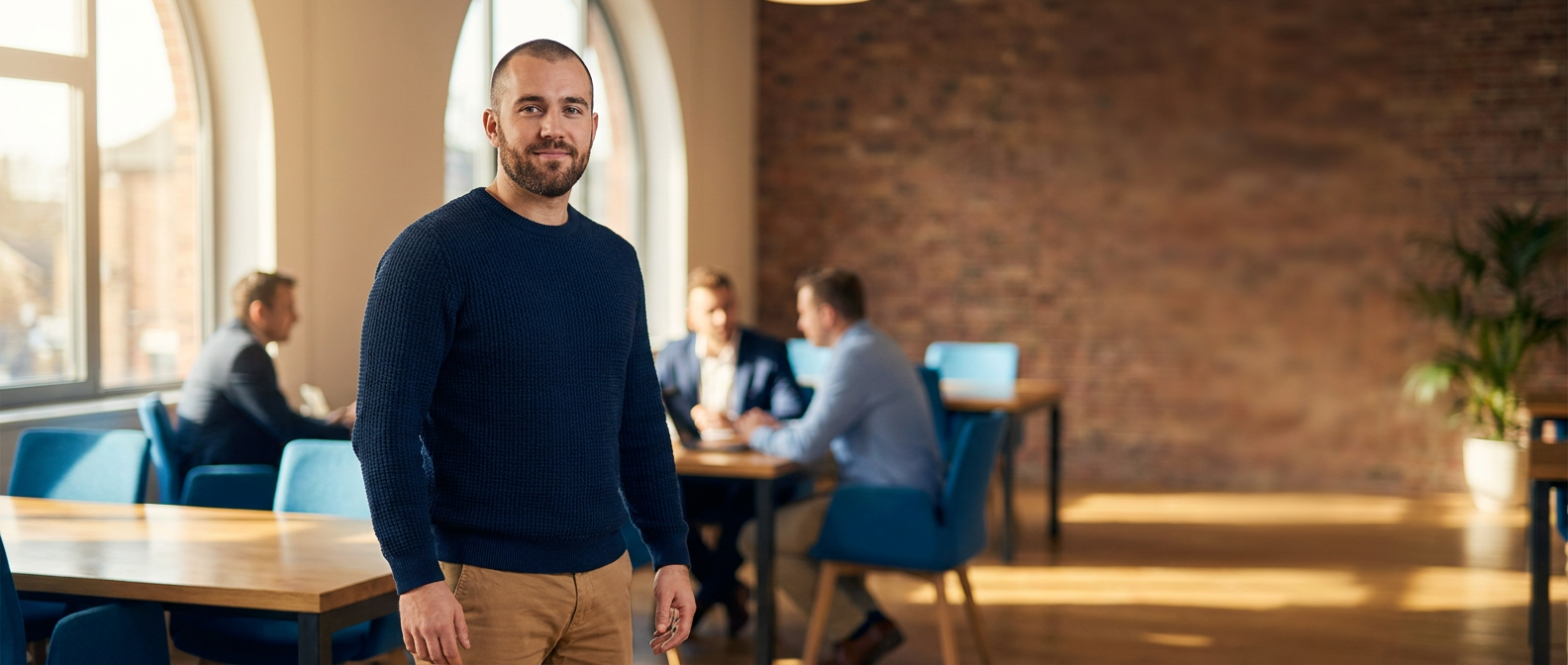 IT professional standing in a modern office with coworkers in the background and space for a headline.