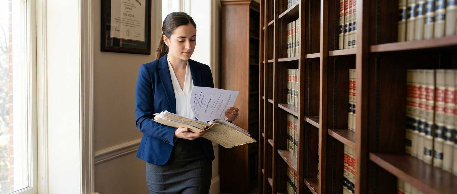 Law clerk with legal brief, law books, and diploma in a courthouse-style office.
