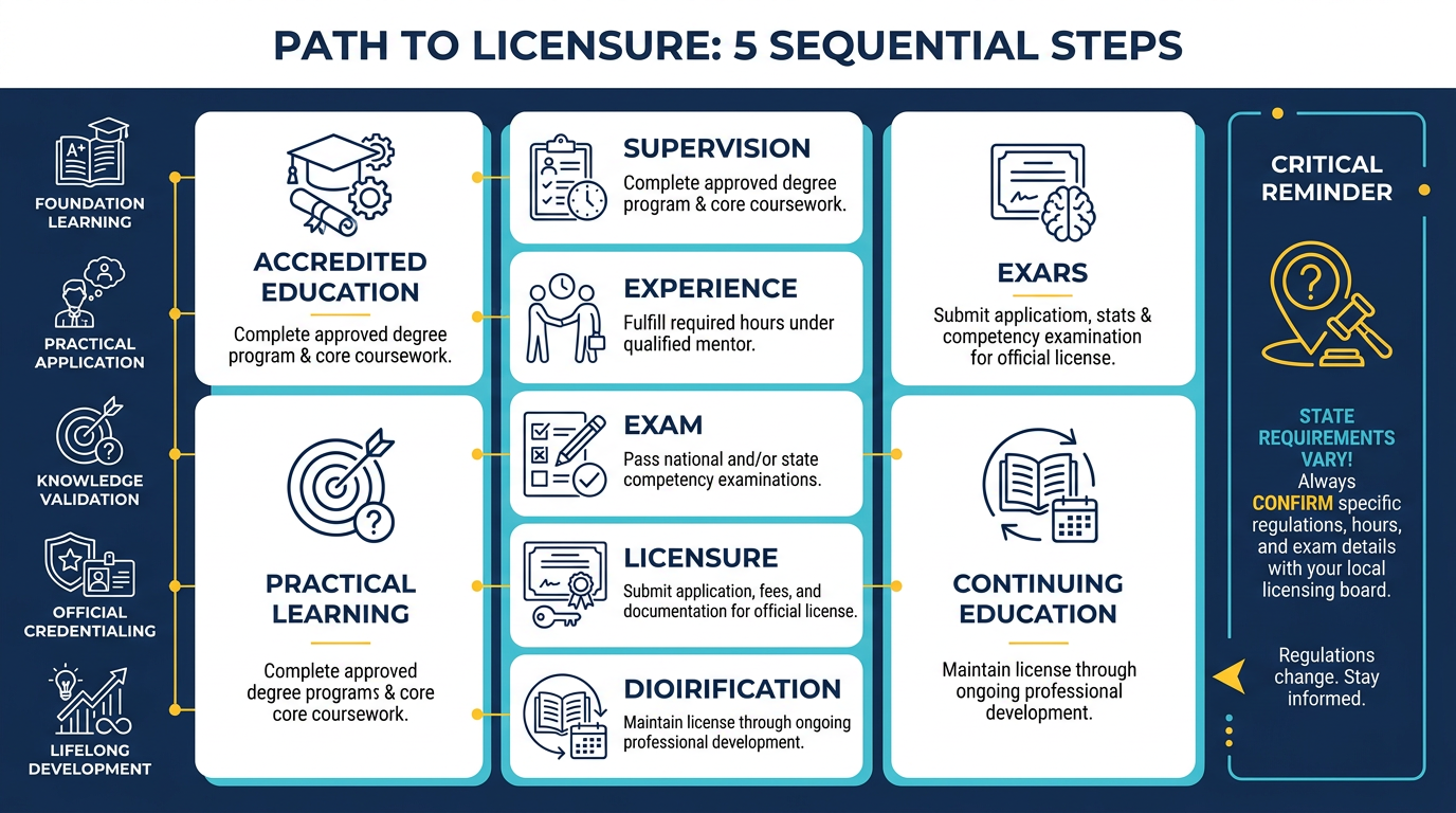 Infographic showing a five-step licensure process with labeled steps and matching line icons, plus a right-side reminder to confirm state requirements. Clear navy-and-white layout with cyan highlights and yellow accents for emphasis.