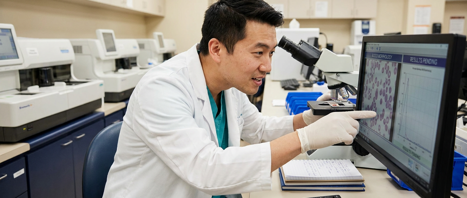 Medical laboratory scientist reviewing slides and diagnostic results in a clinical lab.