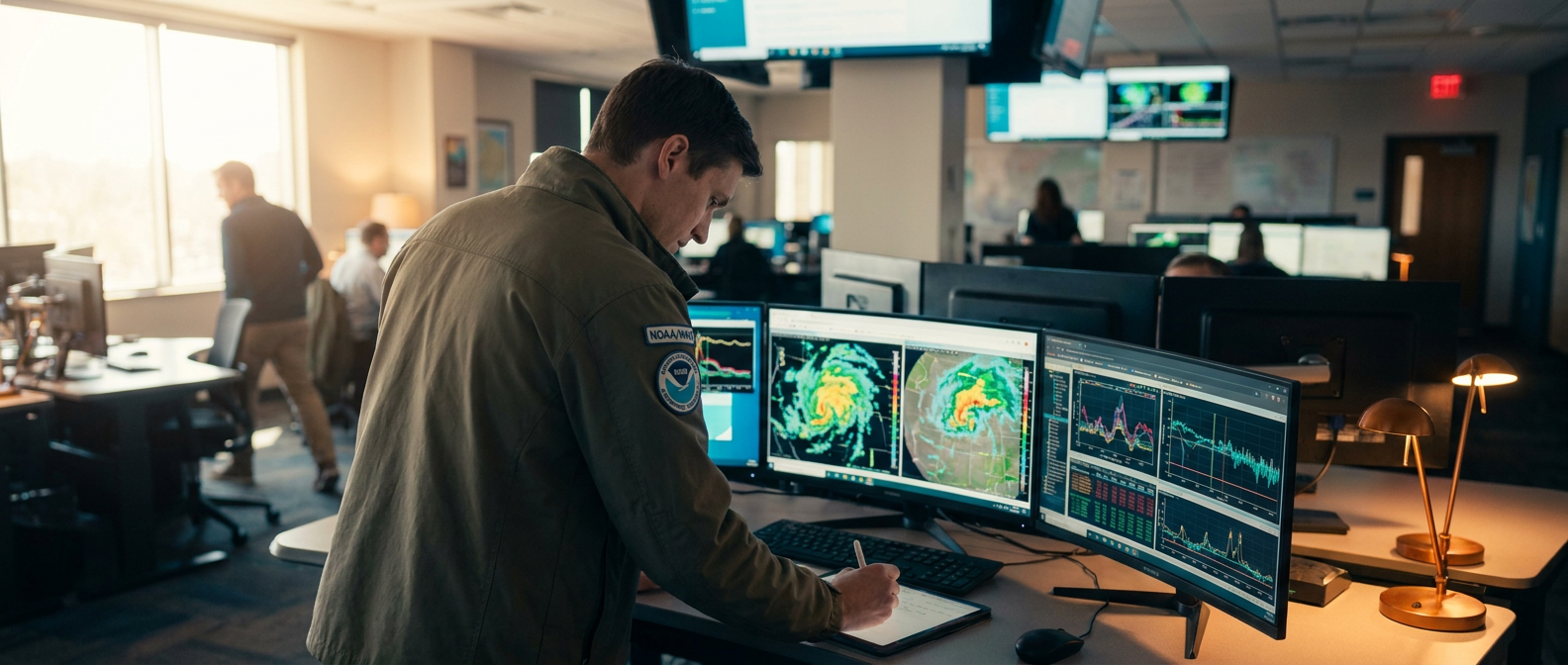 Professional meteorologist reviewing live radar maps and forecast data on multiple monitors in a modern weather operations center.