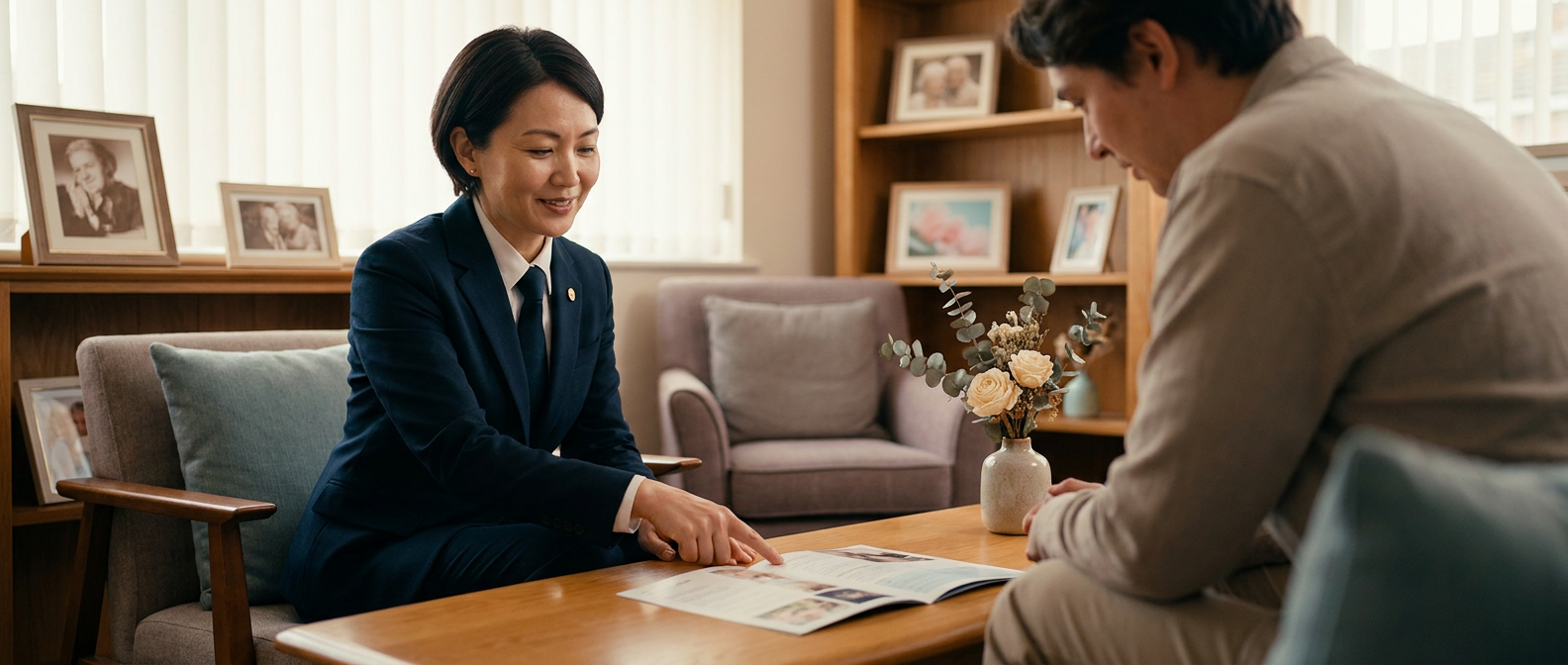 Funeral director consulting in a memorial office.
