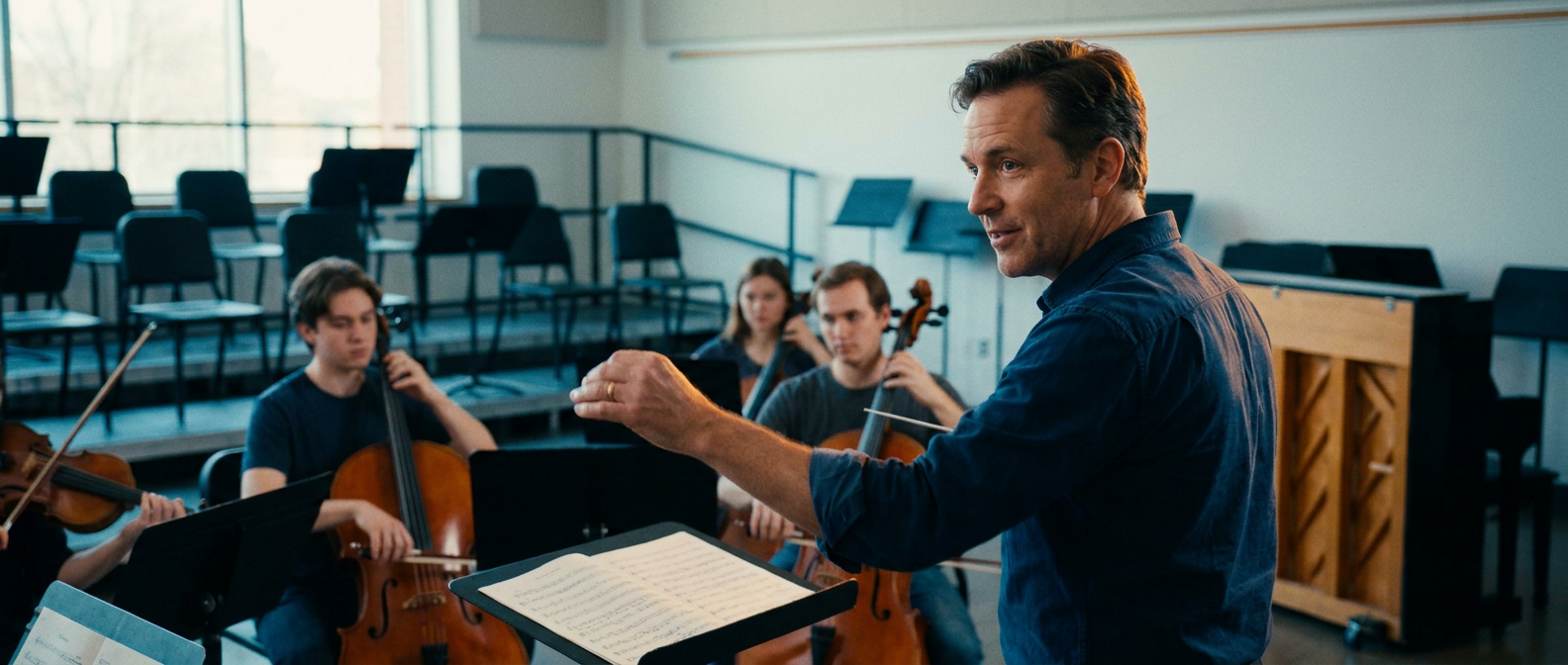 Music educator leading adult musicians in a modern classroom rehearsal