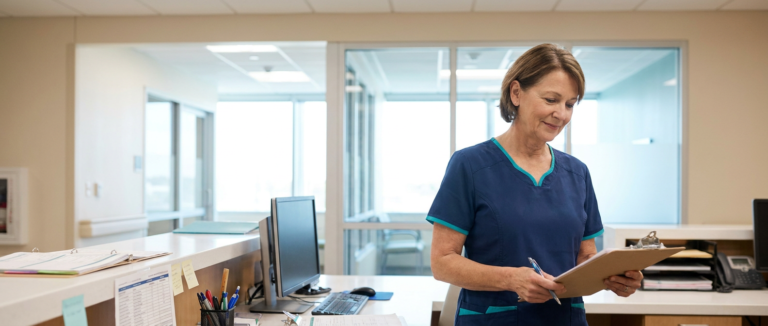 A nurse stands at a hospital reception desk reviewing paperwork on a clipboard in a clean and modern healthcare facility.