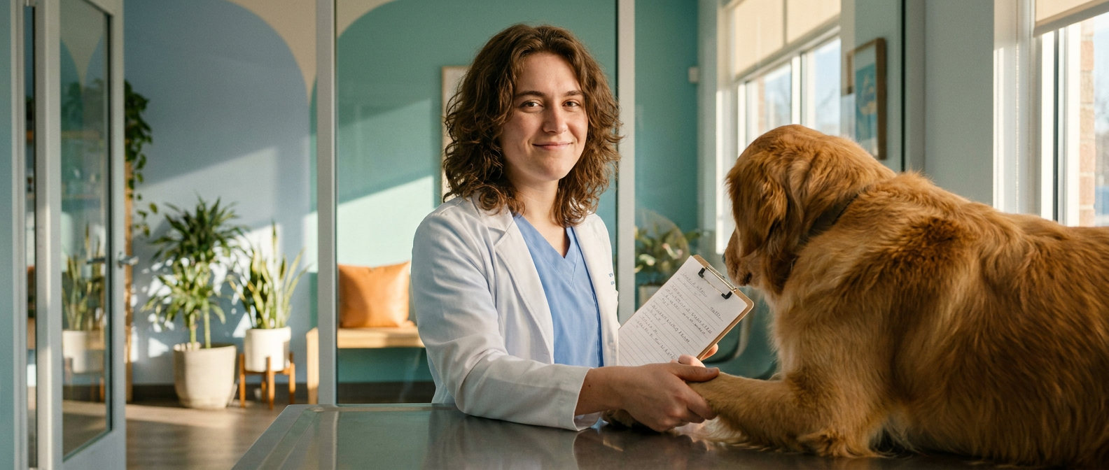 Vet tech examining a dog in a bright clinic exam room.