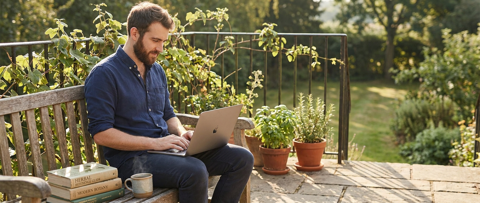 A man sits on a garden bench working on a laptop beside books on herbal studies and a coffee mug in a peaceful outdoor setting.