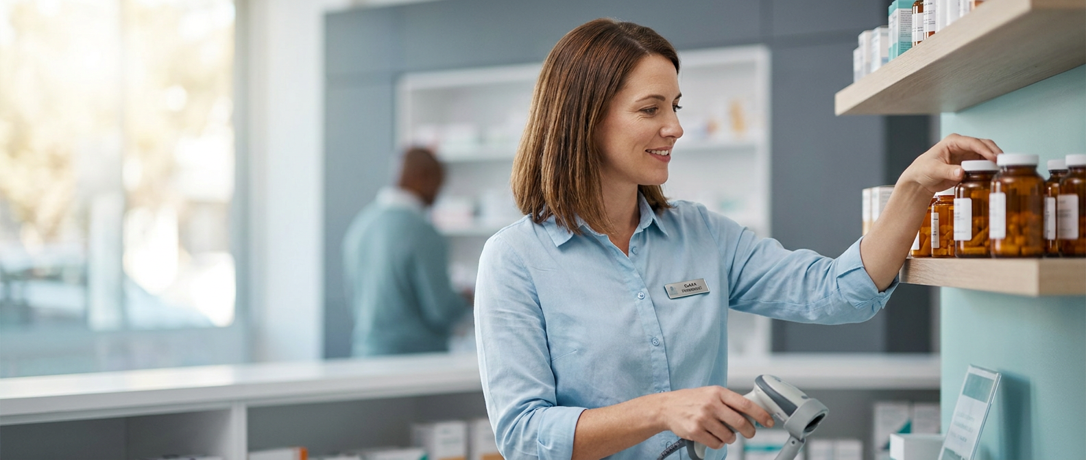 A pharmacist scans and organizes prescription medication bottles on a pharmacy shelf in a modern healthcare setting.