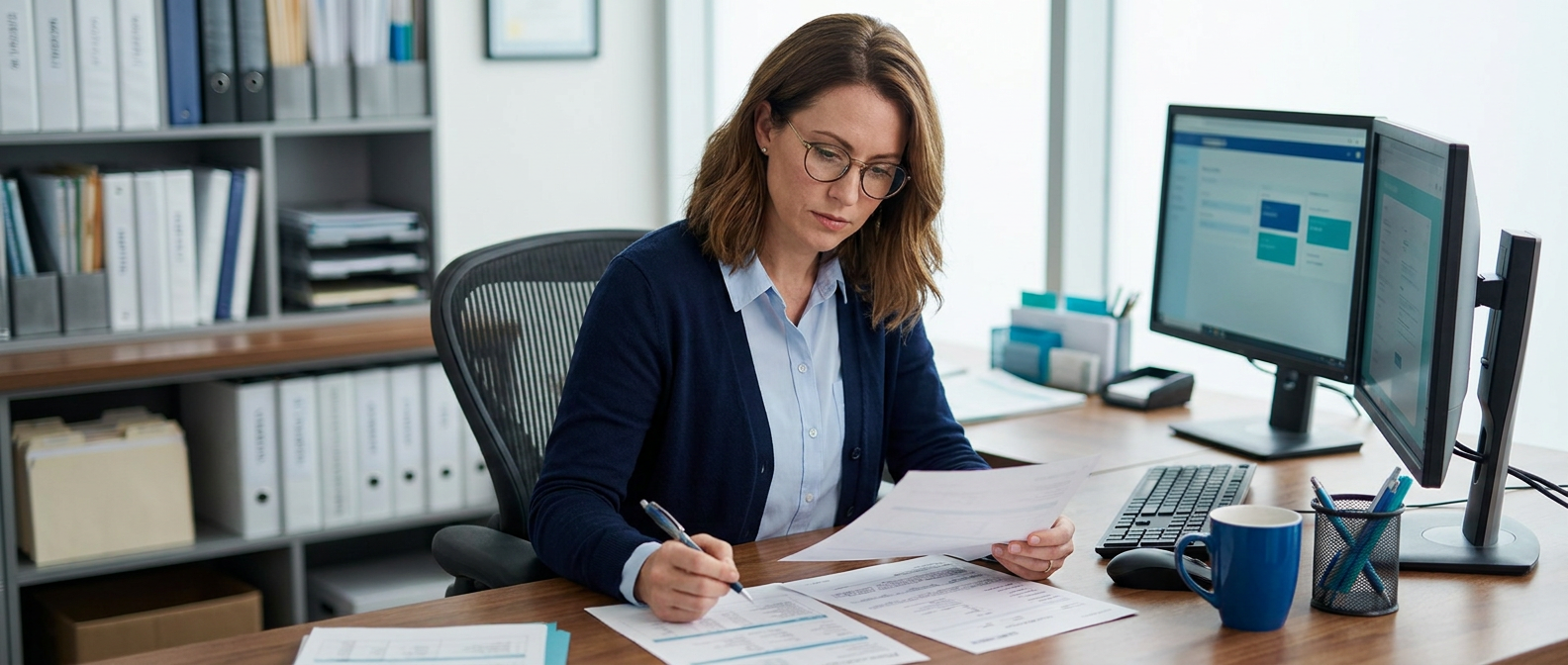 Health information professional reviewing patient charts at a desktop workstation in a modern records office.