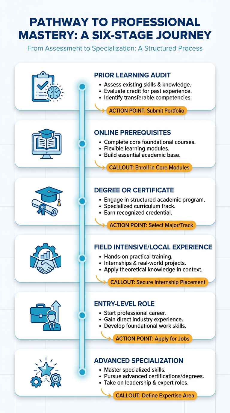 Vertical infographic showing a six-step staged pathway from Prior Learning Audit to Advanced Specialization, using blue accents and simple icons to mark each stage and clear dividers to guide top-to-bottom reading. The design emphasizes a clean hierarchy with bold headings, concise labels, and subtle progress markers for visual progression.