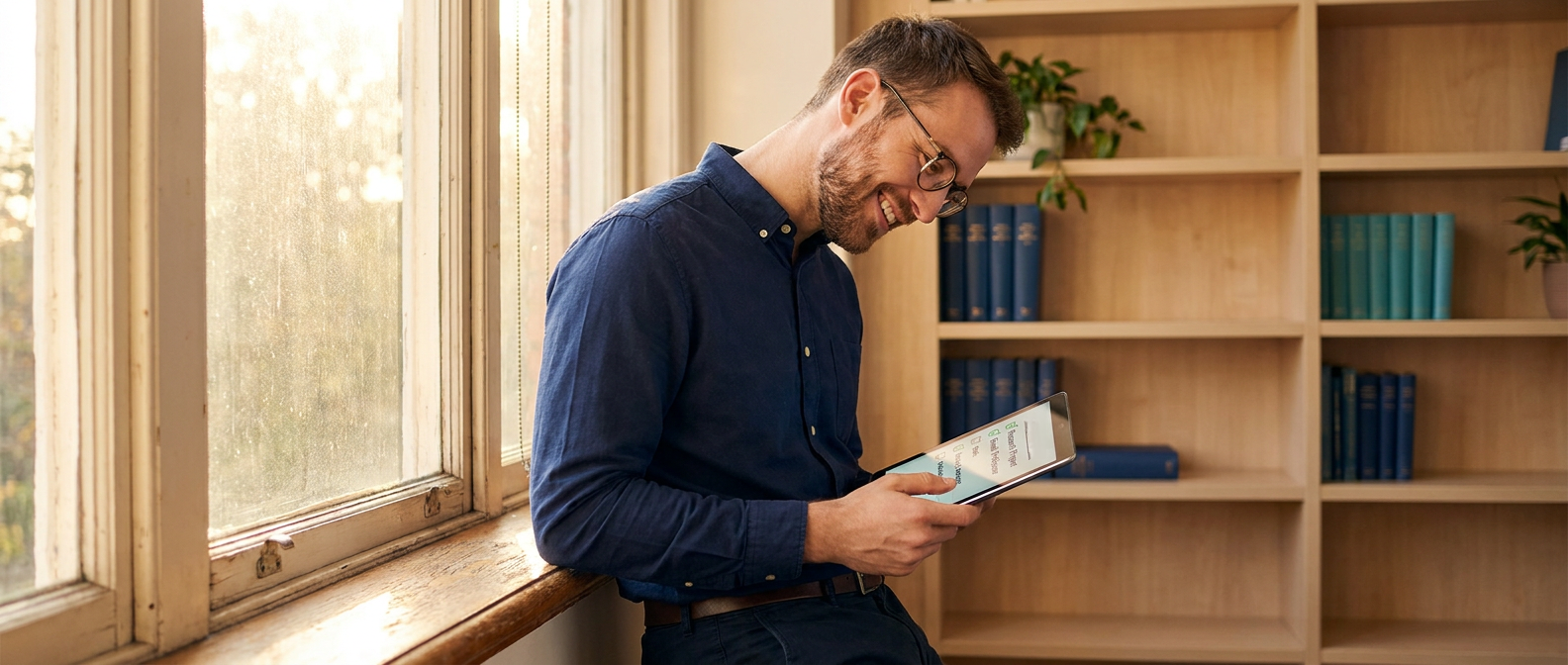 Smiling young adult man leaning against a sunlit library window while holding a tablet that displays a checklist, with clean shelving softly blurred in the background.