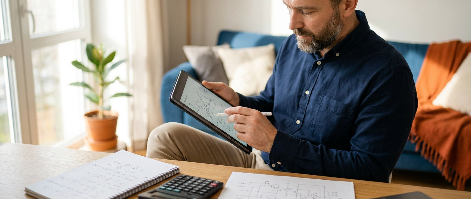 A man studies charts and notes on a tablet while sitting at a table with a calculator and paperwork in a bright home workspace.