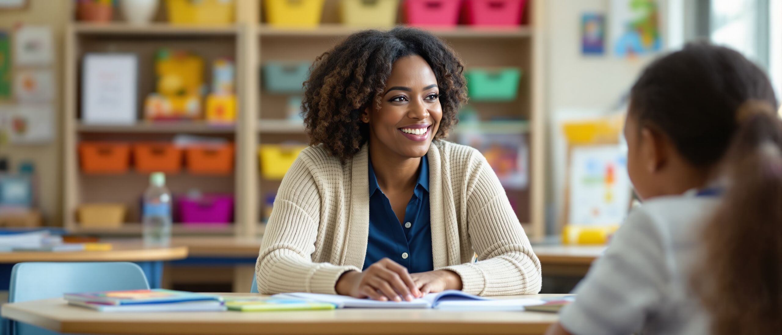 A teacher smiles while sitting across from a student at a desk in a bright and colorful classroom.