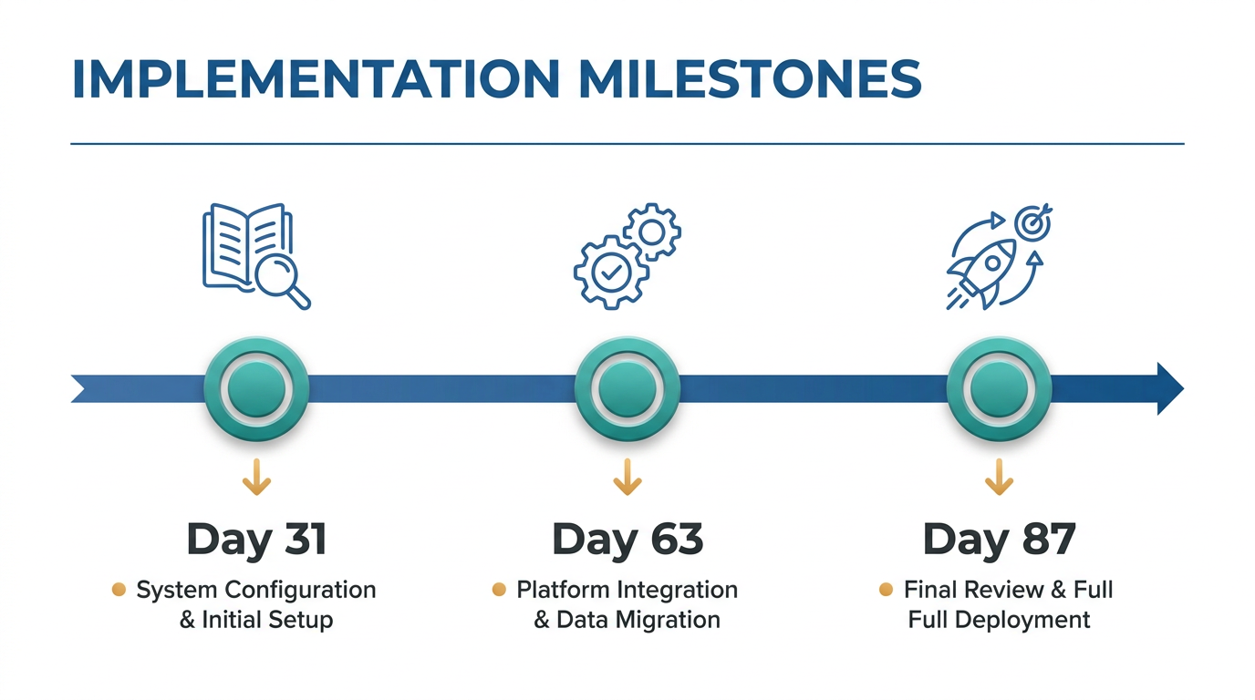 Horizontal timeline infographic showing three milestones labeled Day 31, Day 63, and Day 87 with short notes under each marker and simple line icons above each milestone, rendered in the brand color palette on a white background.