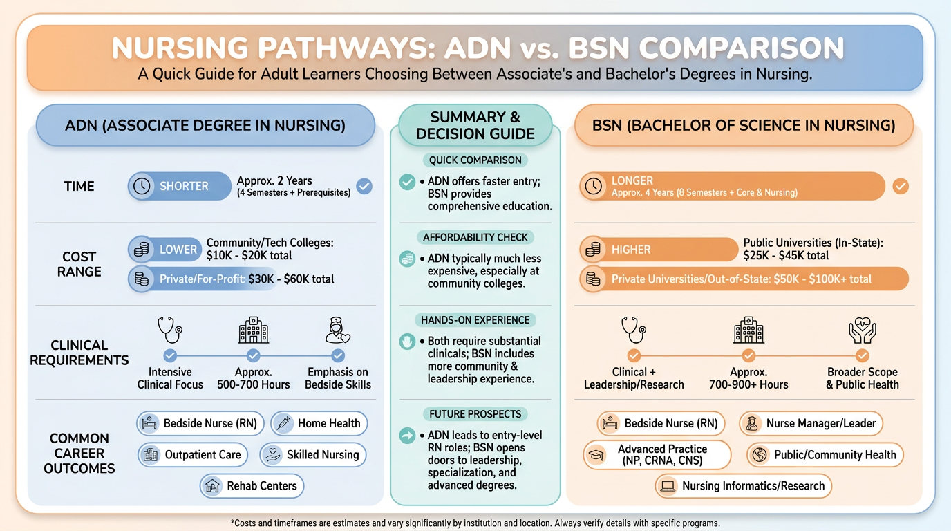 Infographic comparing ADN and BSN pathways in three columns with a middle summary column, showing time, cost range, clinical requirements, and common career outcomes using simple bars, icons, and short labels for quick comparison. Clean, rounded shapes and brand colors emphasize key differences for adult learners.