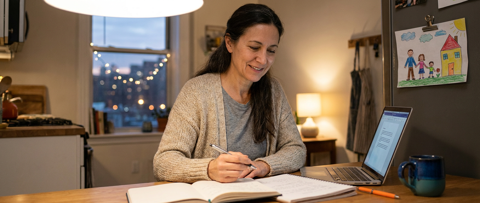 Adult learner studying at a kitchen table in the evening with a laptop and notepad, a child’s colorful drawing visible on the fridge and a city view through the window, lit with warm ambient light to emphasize a balanced home-study moment.