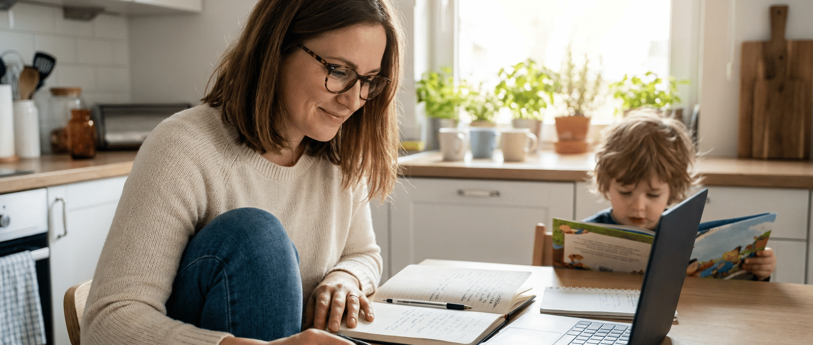 Adult learner studies at a bright kitchen table with a laptop and notebook while a young child reads nearby, lit by soft morning window light to convey the balance of work, parenting, and education. The composition is uncluttered with a shallow depth of field focusing on the study materials and warm, natural tones.