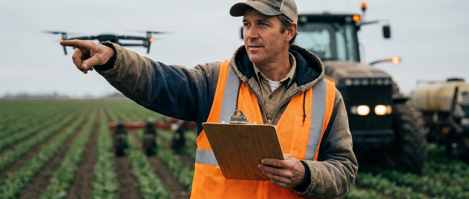 Agronomist coordinating work in a modern crop field