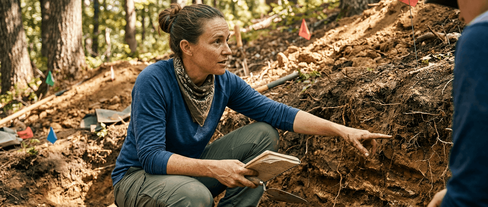 Anthropologist documenting artifacts at an active archaeological dig.