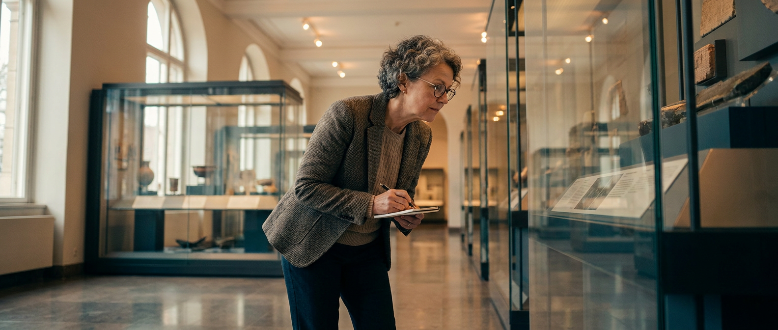 Anthropologist studying museum artifacts near glass display cases while taking notes in warm gallery light.