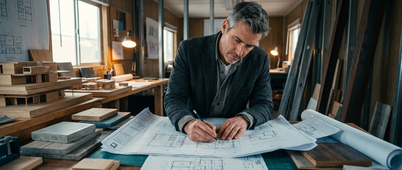 Architect reviewing printed blueprints at a construction site.
