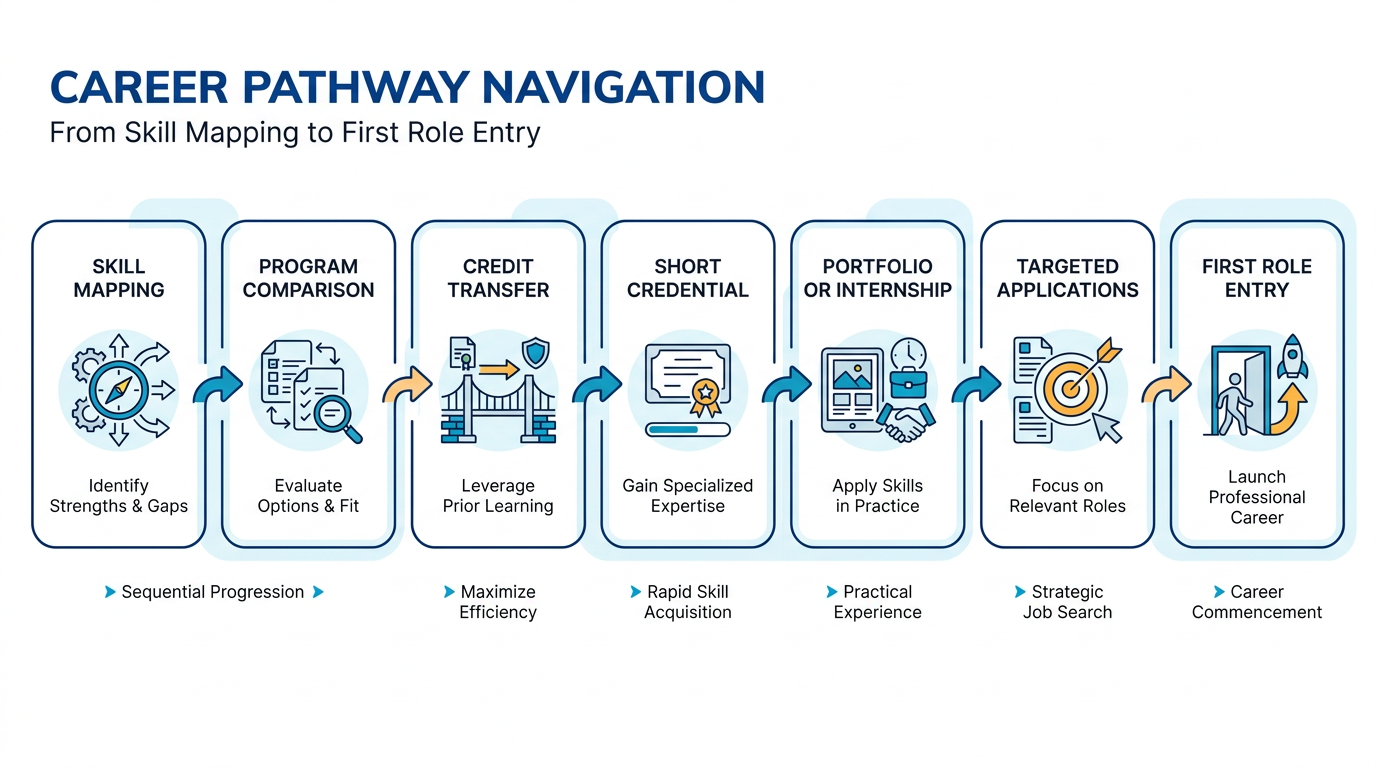 Horizontal infographic flowchart showing a step-by-step career path from skill mapping to first role entry, with seven labeled cards connected left-to-right using clean icons and branded colors for emphasis.