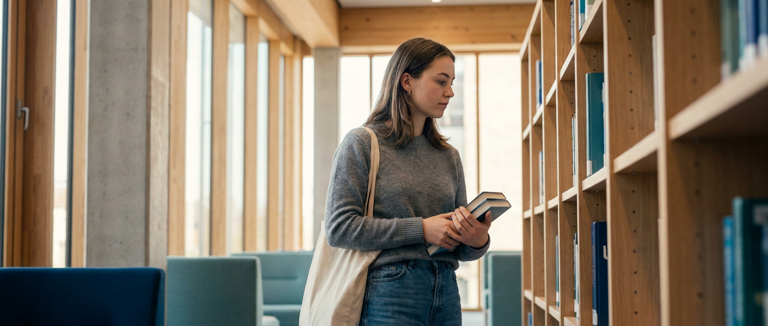 College student carrying books through a modern library with soft daylight and clean architectural lines.
