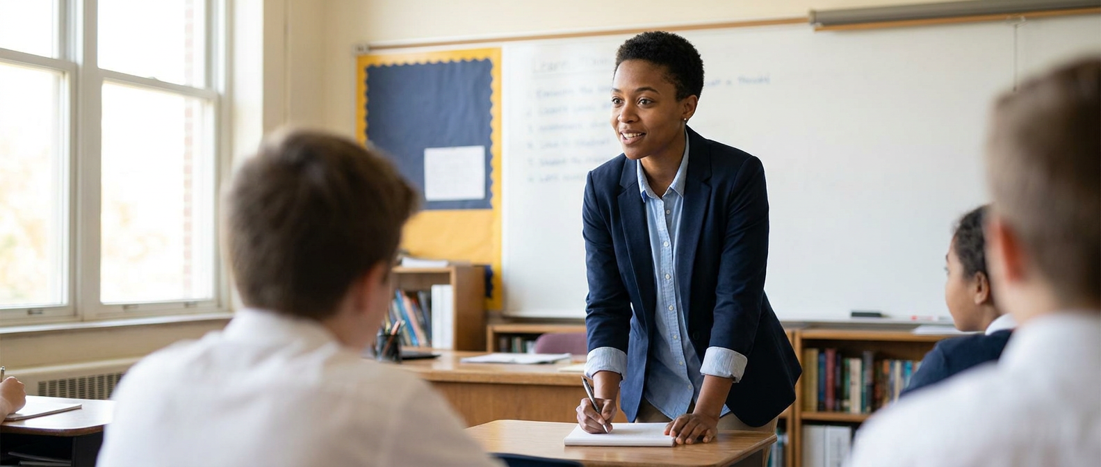 Middle school teacher discussing a topic in a well-lit classroom.