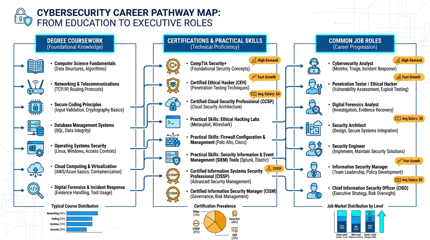 Infographic showing a three-column cybersecurity career pathway from degree coursework to certifications and common job roles, with labeled sections, simple icons, connectors, and small charts for role distribution. Clean schematic layout using white background, cyan section blocks, deep blue headings, and amber callouts for emphasis.
