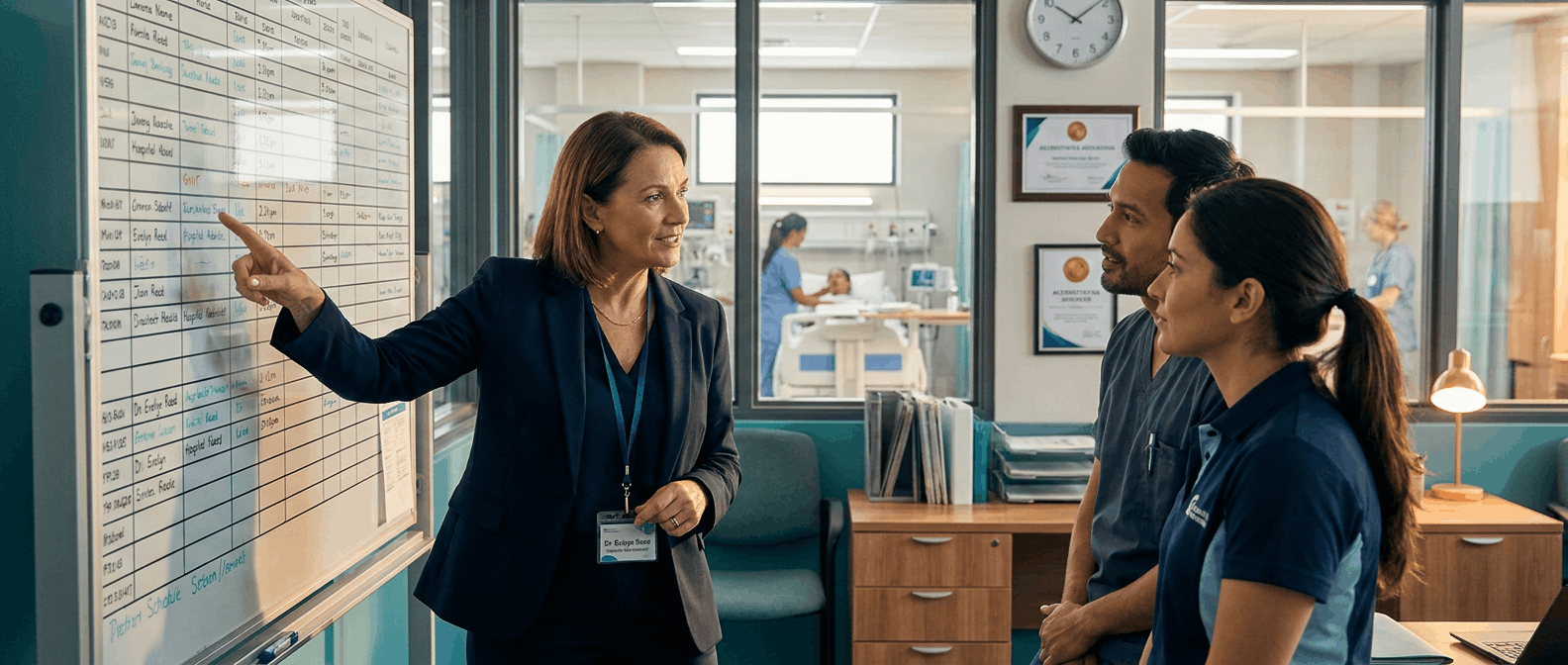 Healthcare administrator reviewing hospital operations with clinical staff in a modern care setting.