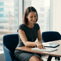 Operations manager leading a discussion over printed reports in a modern office.