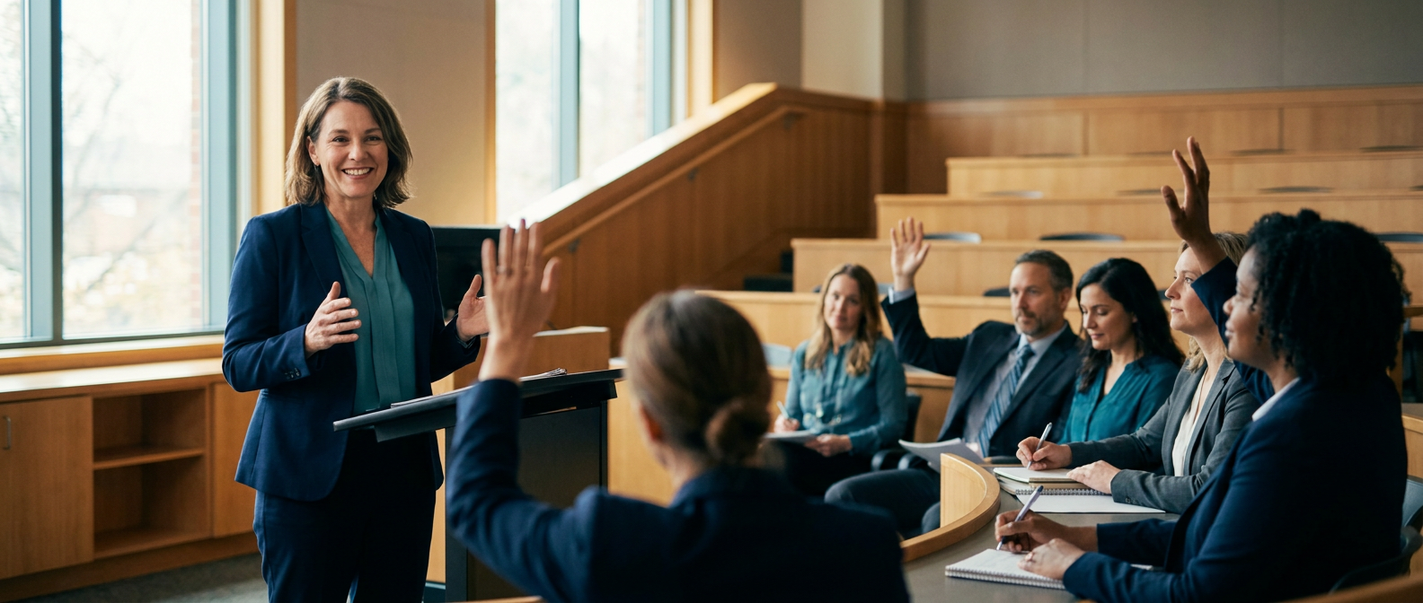 Education leader presenting in a professional seminar room.