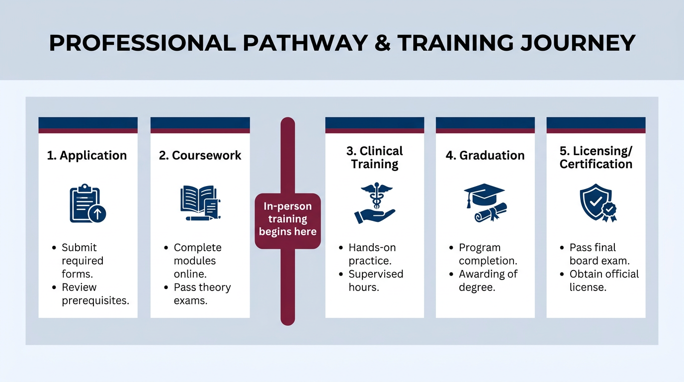 Horizontal infographic showing five sequential stages—application, coursework, clinical training, graduation, and licensing—with a clear marker indicating where online study ends and required in-person training begins, using the brand color palette and geometric icons.