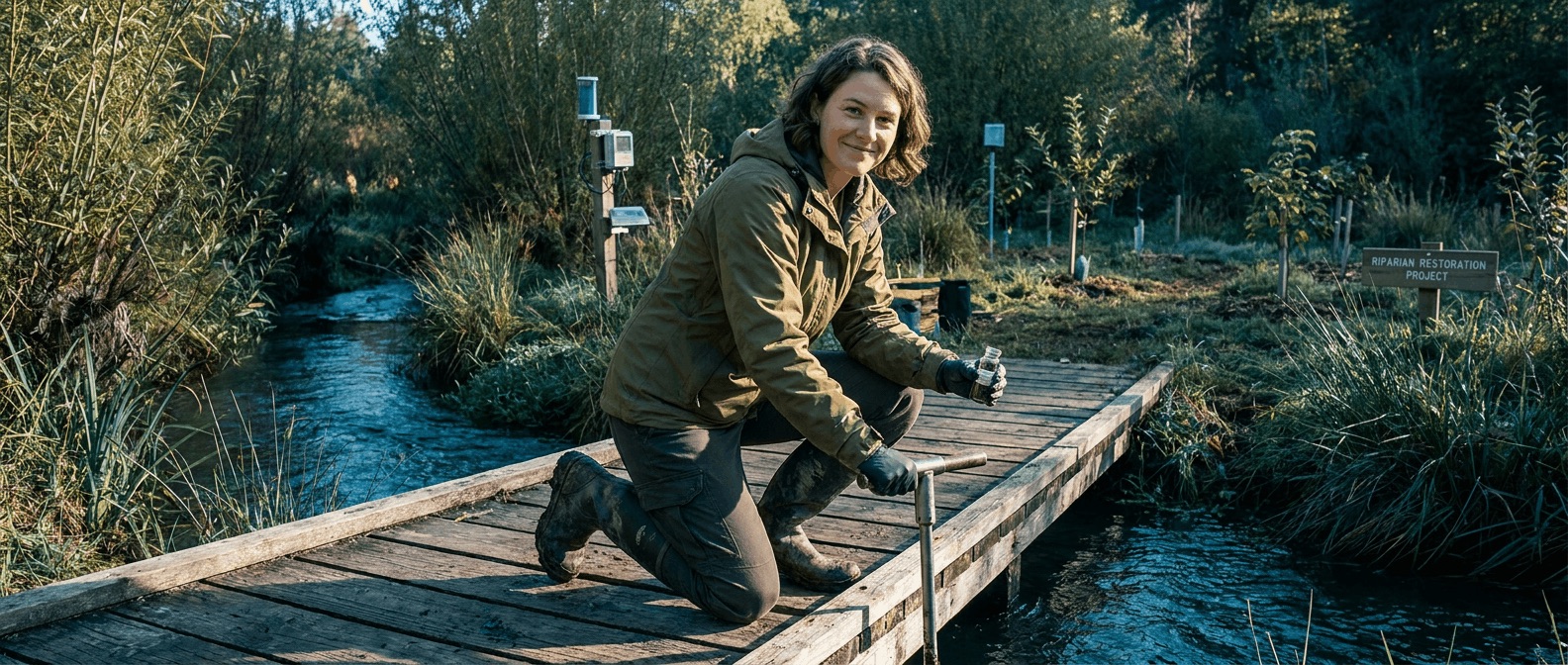 Environmental scientist collecting soil samples beside a restored stream at a wetland field site.