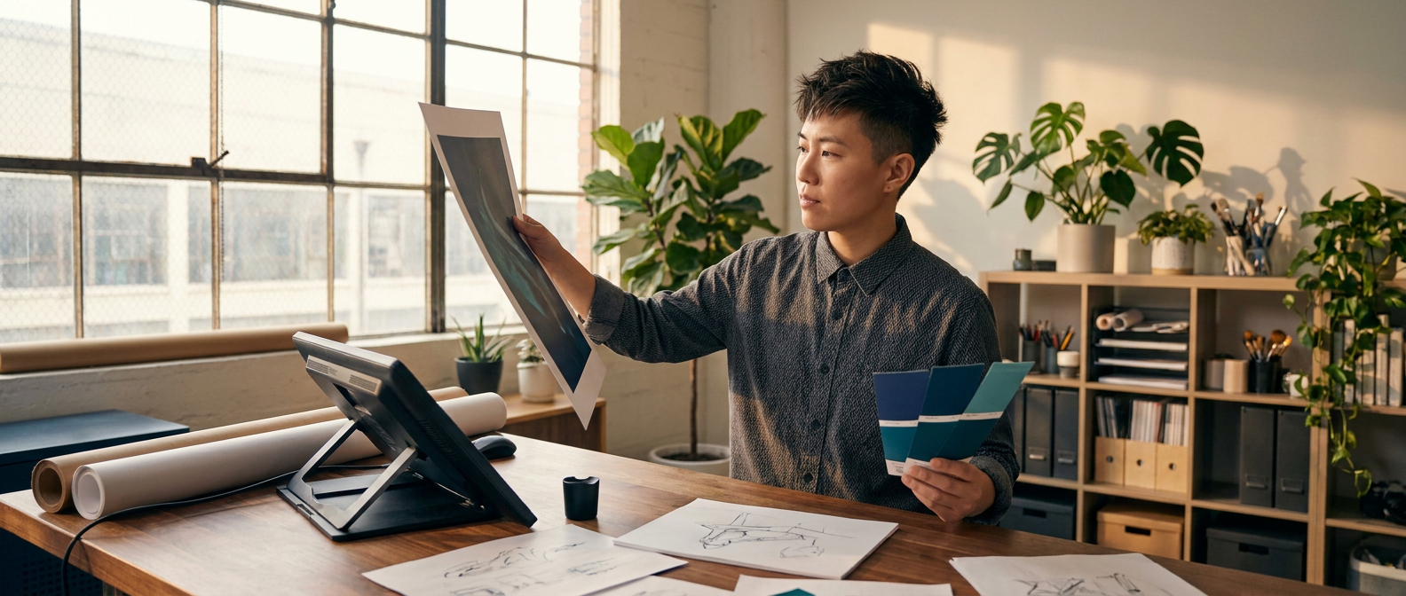 Art director reviewing prints and color swatches in a modern creative studio.