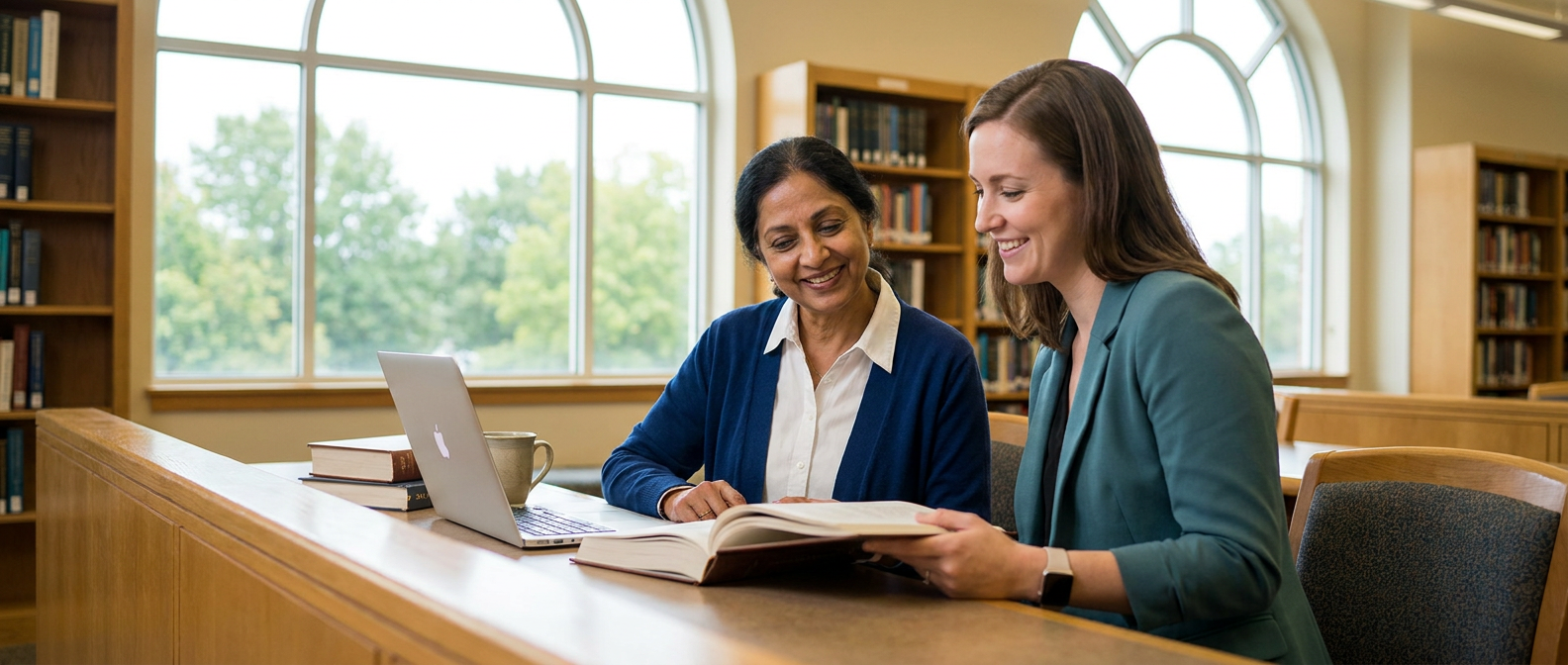 Two women review a book and laptop in a bright library, reflecting research and academic guidance for adult learners exploring ALA accredited online MLS programs worth comparing.