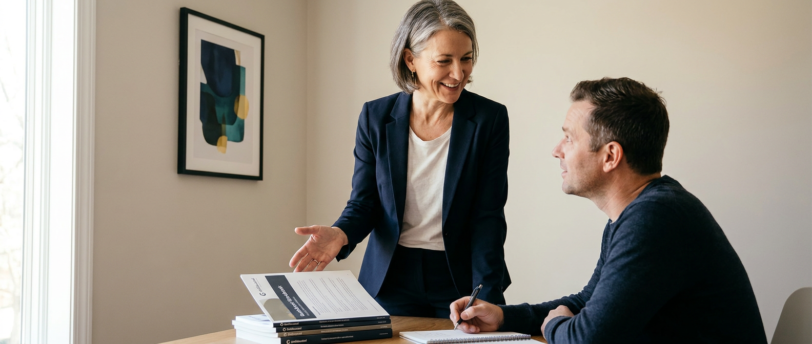 Professional life coach guiding an adult client during an in-person coaching session with printed materials.