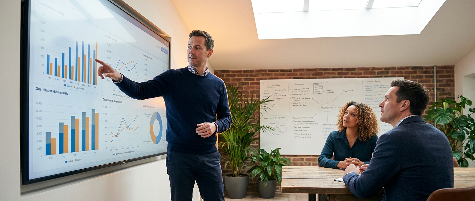 Data analyst presenting charts to colleagues in a modern office.