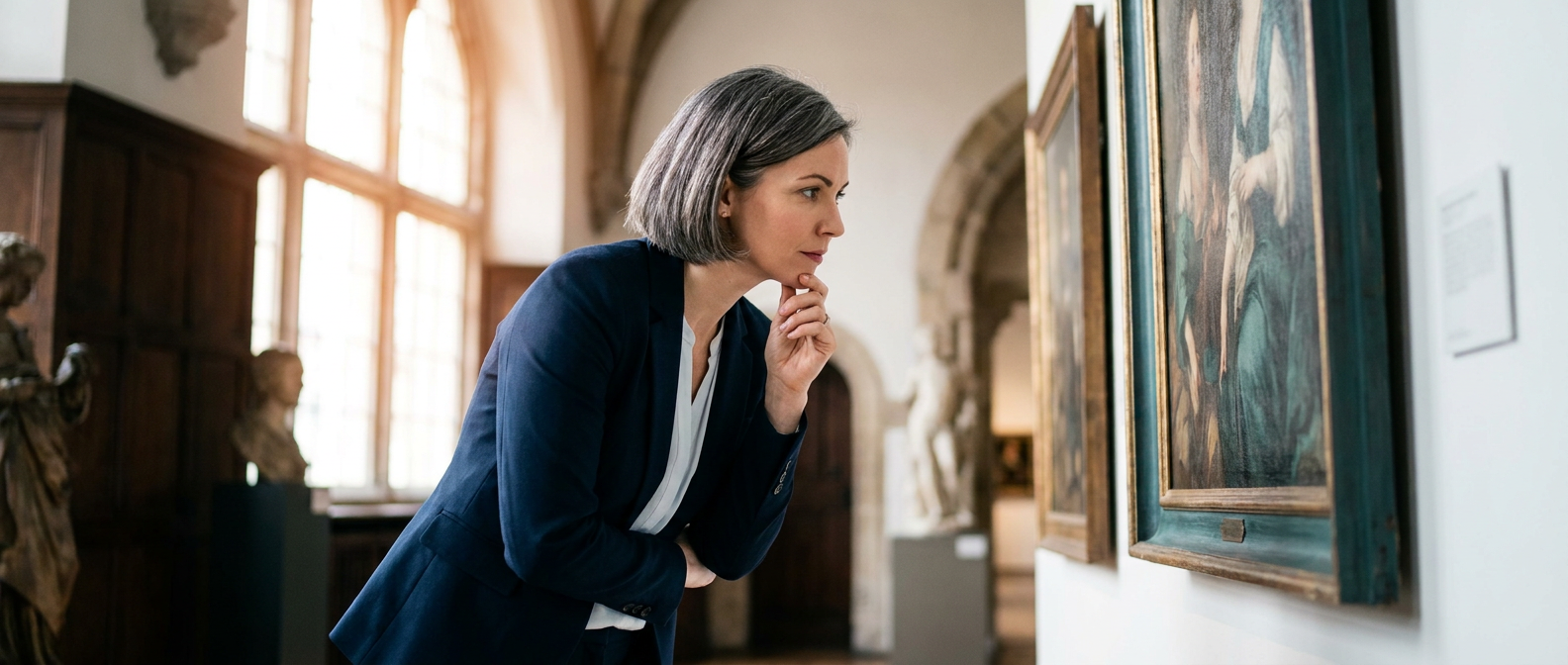 Museum curator looking at an artwork in a museum.