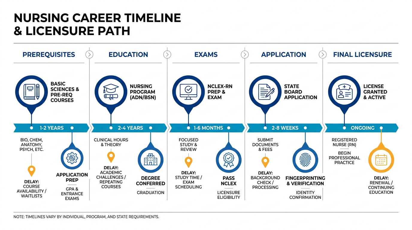 Horizontal infographic showing a nursing licensure timeline from prerequisites to licensure with milestone markers, duration bands for each stage, and highlighted delay points for planning. Clean, flat design using the brand color palette and simple icons to show where delays commonly occur.