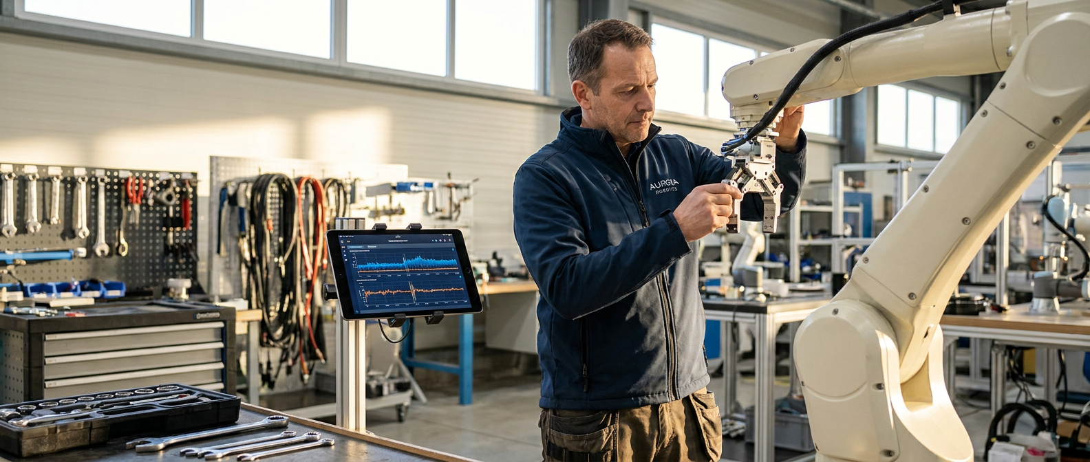 Robotics engineer calibrating a robot arm on a modern manufacturing floor.