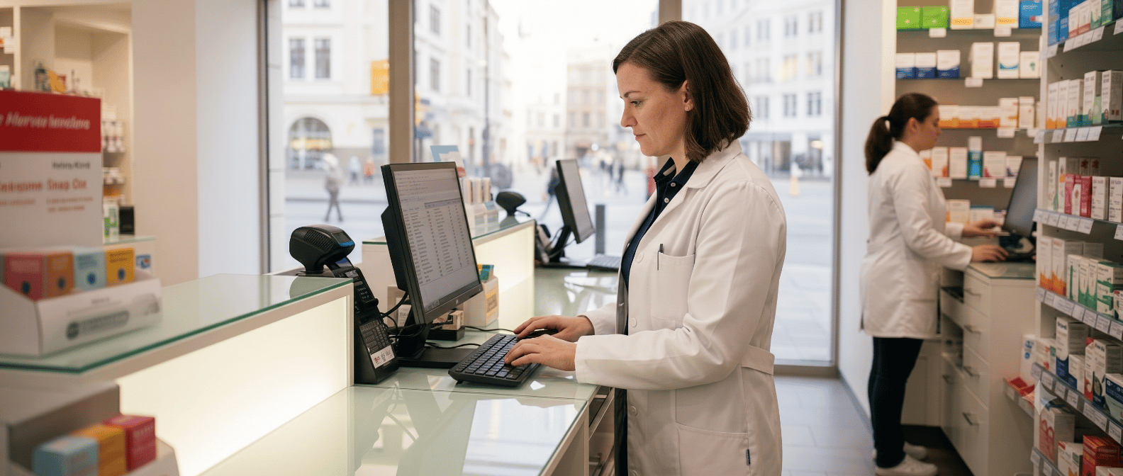 Pharmacist working behind a pharmacy counter.