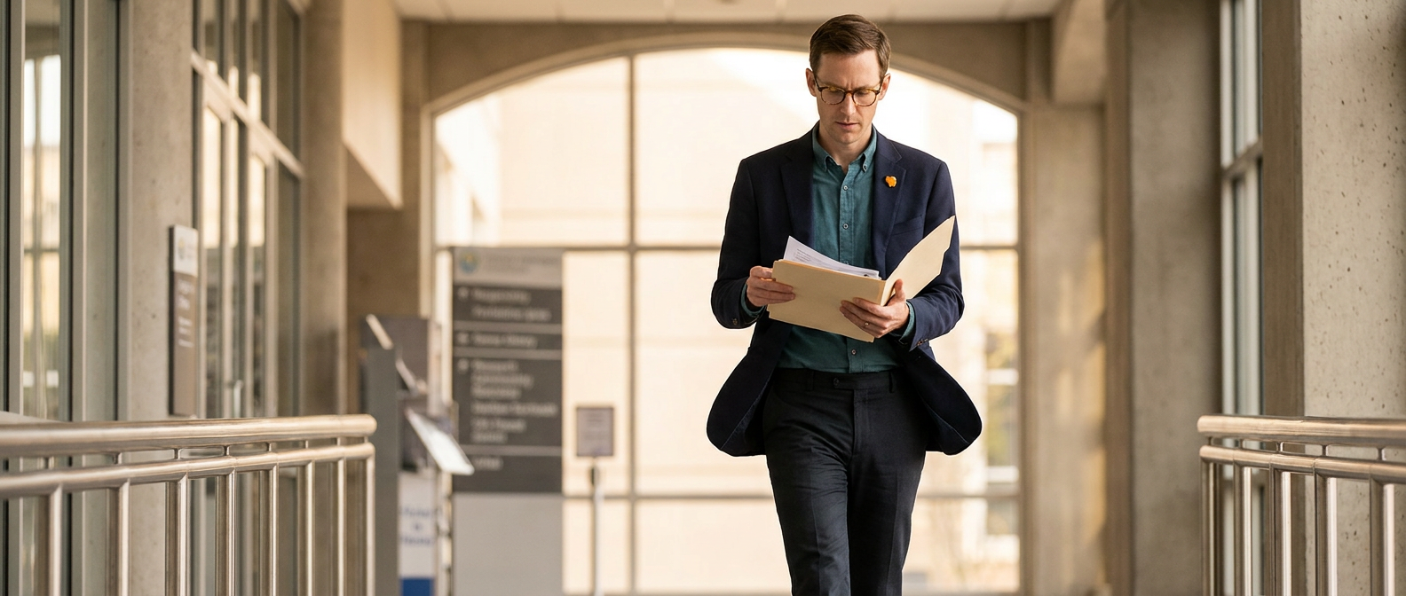 Policy analyst reviewing briefing papers in a government office corridor.