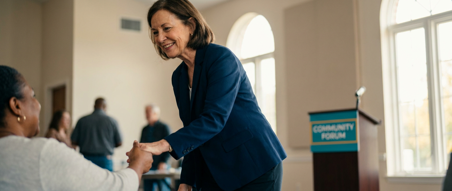 Politician smiling and greeting an audience member at a bright indoor community event.