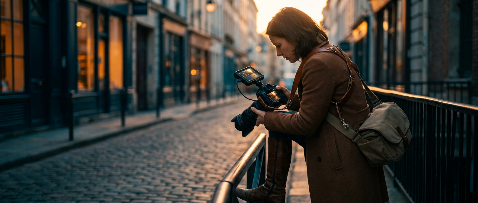 Professional photographer composing a shot outdoors at golden hour with DSLR camera.